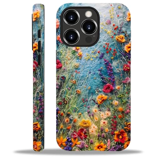 ZHEGAILIAN Case for iPhone 15 Pro,Embroidered Wildflowers for 2 in 1 Hard Shell + Soft Silicone,Shockproof Bumper Drop Protective Case for iPhone 15 Pro