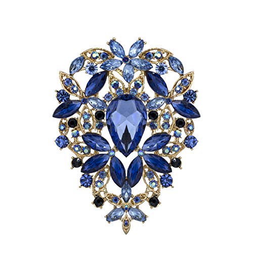 YOQUCOL Vintage Blue Austrian Crystal Rhinestone Leaf Shape Big Large Brooch Pin For Women Gold Tone
