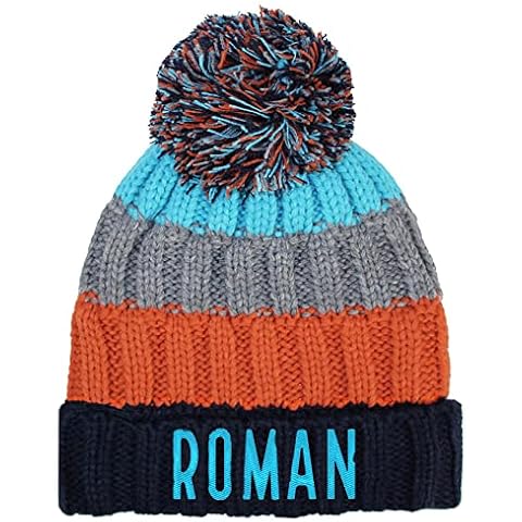 TeddyT's Boys Personalised Striped Chunky Knitted Bobble Hat with Pom Pom (Orange, Grey, Blue Stripe) Cover