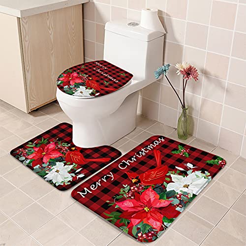 3-teiliges Badteppich- und Matten-Set for Badezimmer, Weihnachten, roter Kardinal mit Blumen, weicher Bodenteppich, waschbare Konturmatte, Toilettendeckelbezug, Weihnachtsstern und Vogel auf rotem Büf – Bild 5