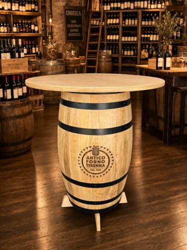 Agorà Botti Mesa de 100 cm barnizada en roble claro con círculos negros, logotipo a fuego y pedestal. Altura 110 cm aproximadamente, diámetro 80 cm