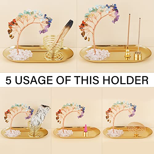 Zenbless 7 Chakra Healing Crystal Tree Incense Holder Palo Santo Holder Sage Burner Brass Ash Catcher For Incense Sticks/Coil Incense/Incense Cones Yoga Meditation Zen Spiritual Room Home Decoration #TOP1