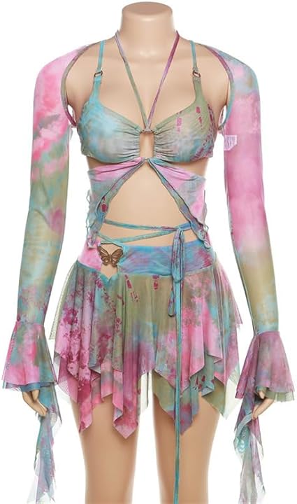 BaronHong 3-delige rok outfit voor vrouwen zoete Y2K vlinderprint laag uitgesneden rugloze crop top navel-hoge taille tie-up kwastje, Groen-set, M