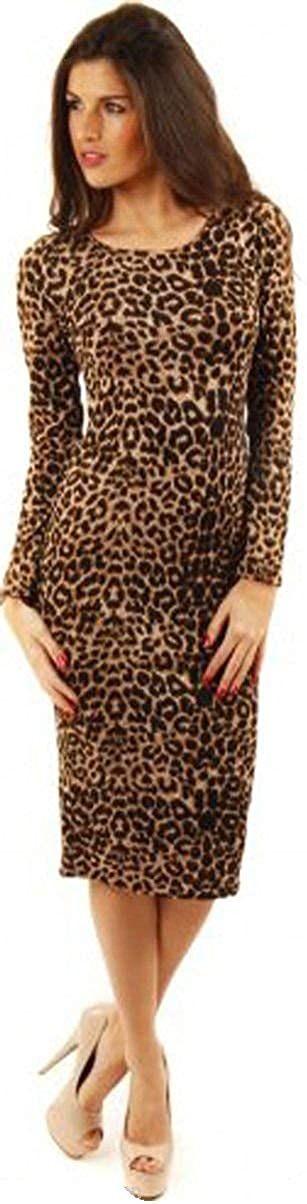 Gostyles Women's Brown Leopard Gostyles® Long Sleeve Midi Dress, Scoop Neck Stretch Bodycon Pencil Dresses (, 8-10)