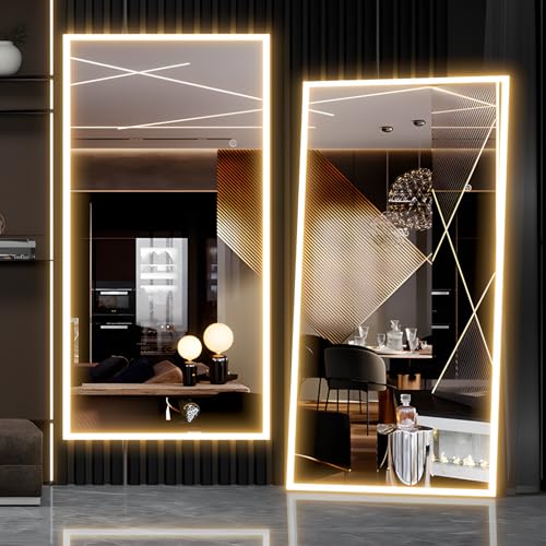 CASSILANDO Spiegel in voller Länge mit LED-Lichtern, freistehender Bodenspiegel, Wandspiegel, Farbe dimmbar und Helligkeitseinstellung für Schlafzimmer, LED, Weiß mit Ständer, 180 x 80 cm