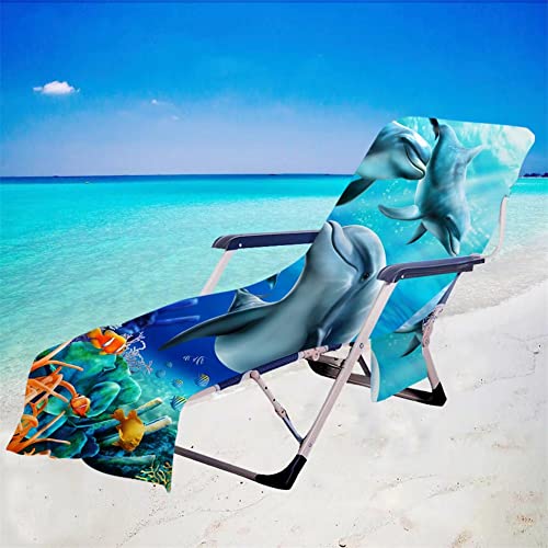 Surwin Toalla de playa para tumbonas, Delfín Océano 3D Fundas para Tumbonas con Bolsillos Laterales Cubierta para Silla de Piscina para Tumbona de Jardín Exteriores (75x210cm,Azul)