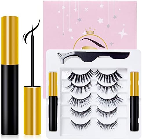 Trooer Magnetic Eyelashes Kit 3D Charming Waterproof Magnetic Eyelashes With Eyeliner Set 2 Tubes of Magnetic Eyeliner and 5 Pairs Reusable Magnetic lashes For All Occasions No Glue needed