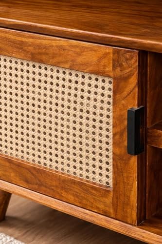 Image of THE KASHTH Premium Solid Wood, 10 Minutes Assembly (Legs Only), Aesthetic Rattan Doors, Mid Century Entertainment Center for Living Room, TV Stand for 65 inch TV, Dark Chocolate (Honey L-014)