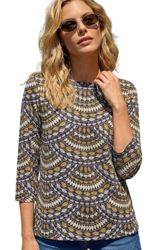Roman Originals Stretchy Top for Women UK - Ladies Jersey Blouse Smart Casual Tunic Work 3/4 Length Sleeve Round Neck Boat Neckline Flattering Autumn Winter - Multi Ochre - Size 12