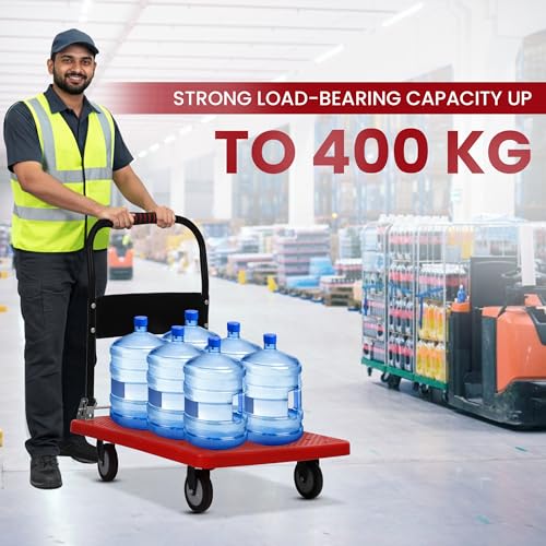 Image of Robustt 400 Kg Heavy-Duty Foldable Platform Trolley (Red) | Plastic Hand Truck with 360 Rotating Wheels & Cushioned Grip | Material Handling Cart for Home, Office, Warehouse & Industrial Use