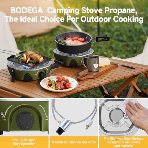 BODEGA 2 Burner Camping Stove, 20000 BTU Folding Propane Camp Stove with Adjustable Burners,Portable Dual Gas Stoves with Carry Handle&Bag Frying Pan for Camping,BBQ,RV,Home,Camping Essentials Gear - Image 5