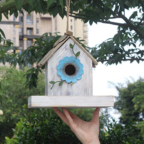 Tenforie Bird Feeder House for Outside Hanging, Wooden Birdhouse Bluebird House Feeder Handcrafted Hut
