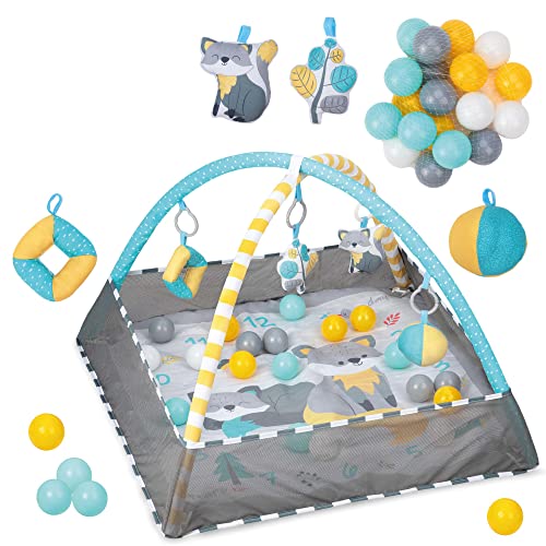 MoMi Spielbogen LAMMIS für Babys ab der Geburt, 4-in-1 Set: Krabbeldecke mit Umrandung und Foto-Hintergrund, Bälle-Bad mit 18 Bällen, 5 Spielzeuge Cover