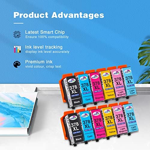 KINGWAY 378XL Ink Cartridges for Epson 378 378XL Ink Black Cyan Magenta Yellow Light Cyan Light Magenta for Work on Epson Expression Photo XP-8500 XP-8600 XP-8605 XP8500 XP8600 XP8605 Multipack of 12
