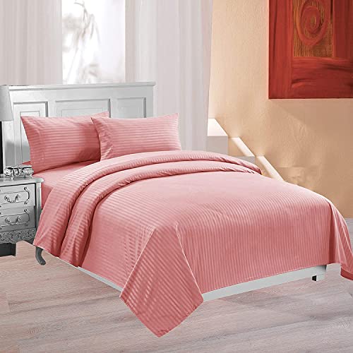 Image of 300 TC Glace Cotton Plain Stripe Queen Size Single Bedsheet with 1 Pillow Cover for Home, Hotel, Guest Room (60 X 90) Inch Rose Gold Pack 1