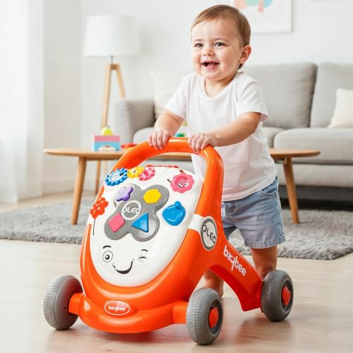 Image of Baybee Oleo Baby Walker for 6-18 Months | Activity Push Walker with Music & LED Lights | Stable Wheels, Easy Grip Handle | Educational Walker for Boys & Girls 0-2 Years (Orange)
