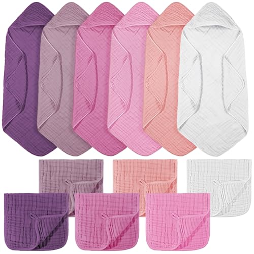 Image of VitalCozy 12 Pcs Baby Muslin Hooded Bath Towels and Washcloths, Muslin Hooded Baby Towels Absorbent Blankets for Gift Newborn Infant Shower (Pink Purple Series)