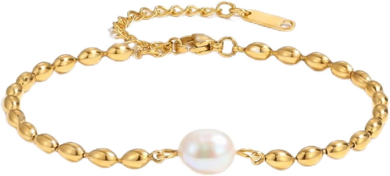 PANSTAR 18K Gold Plated Freshwater Pearl Bracelet for Women, Dainty Irregular Single Pearl Beaded Chain with Extender, Minimalist Elegant Jewelry Gift