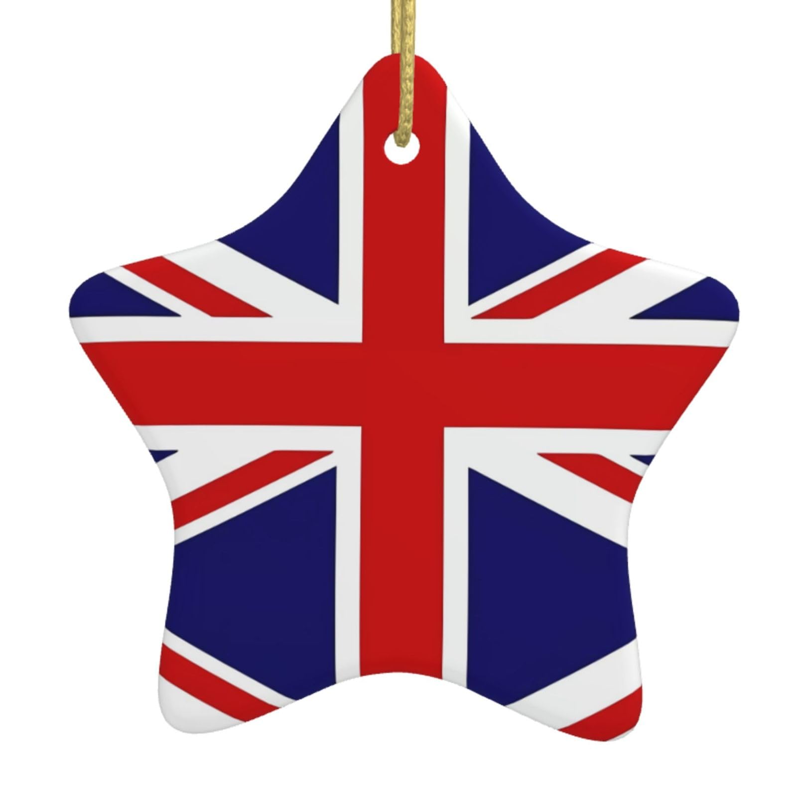 UK Flag Christmas Ceramic Star Pendant with Punched Holes and Gold Wire Rope, Christmas Tree Home Decoration