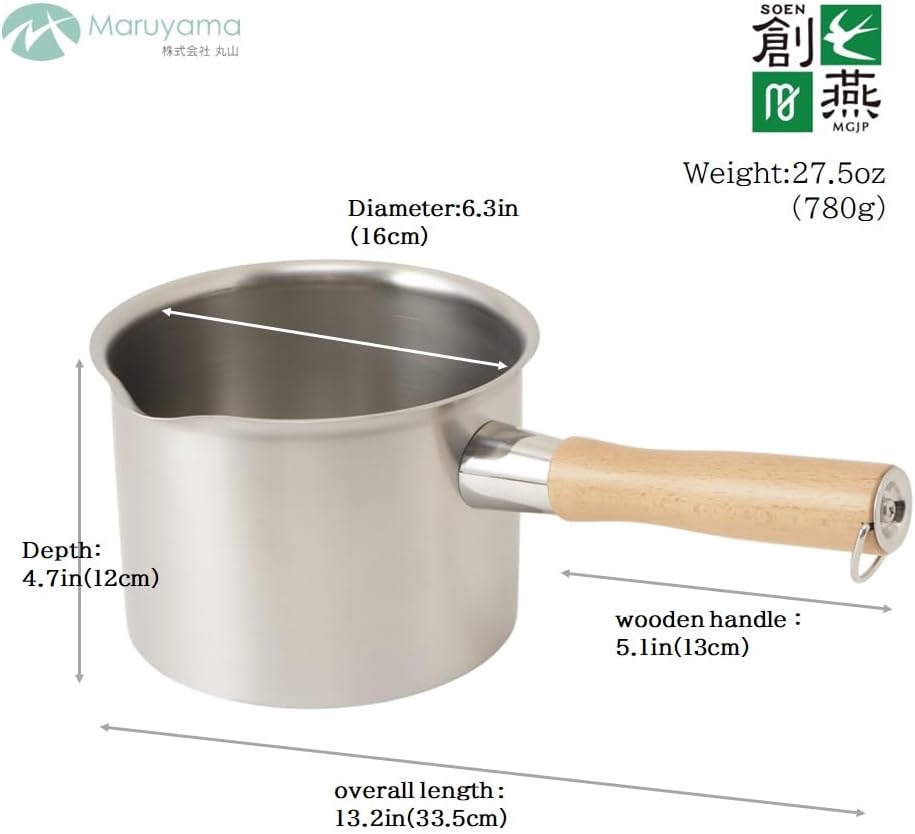 MARUYAMA GIKEN SOEN 創燕 MGJP Deep Stainless Steel Saucepan with Pour Spout 16cm (6.3 inchi), 2.54 Quarts SE-41 Wood Handle 【 MADE IN JAPAN 】
