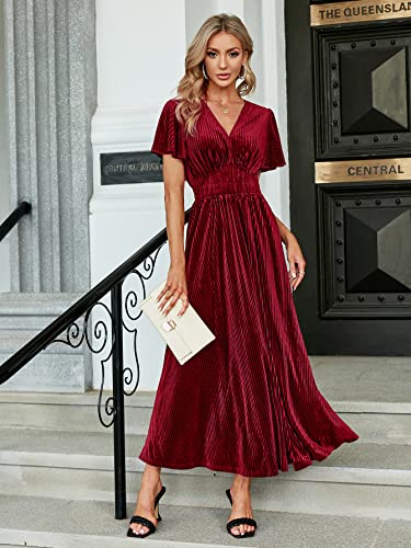 Image of Simplee Women's V Neck Velvet Maxi Dress Short Sleeve Empire Waist Long Formal Dress for Wedding Guest