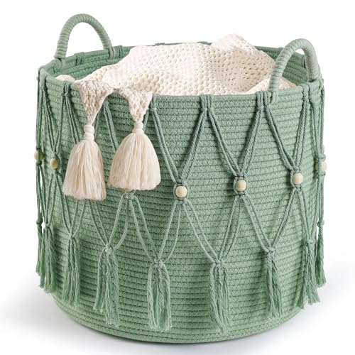 Blanket Basket for Living Room Decor Storage Basket for Toy Organizer Boho Decor Baskets for Modern Farmhouse Decor Small Laundry Basket for Bedroom and Laundry Room Organization Green