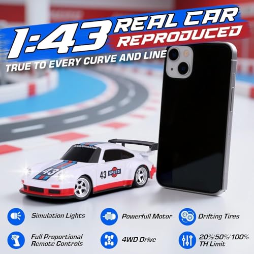Image of Bestie toys Mini RC Drift Car with Gyro, 1 /43 Scale Remote Control Car High Speed Racing Micro Small with Full Proportional RTR 2.4GHz Remote 2 Tire Sets 8 Cones (Porshe 911 White)