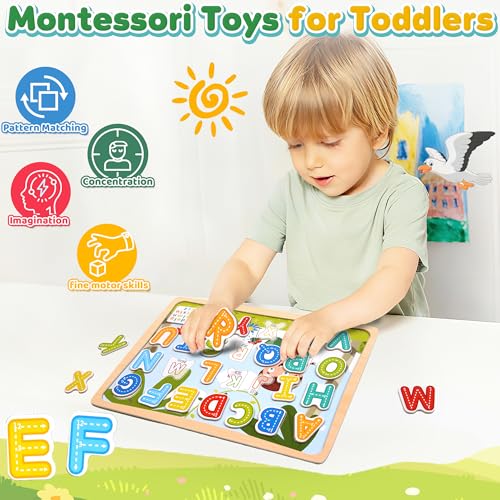 Magnetic Wooden Puzzle for Toddler, Easter Basket Stuffer Letter Alphabet Matching Montessori Educational Essential Preschool Learning Fine Motor Toy Travel Roadtrip Activities Valentine Day Gift