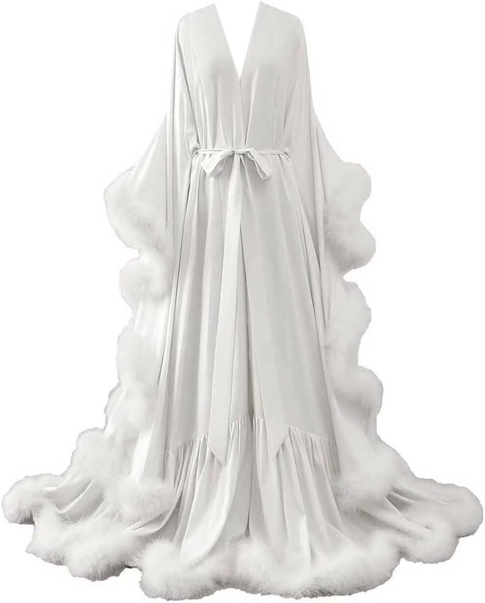 Women's Feather Bridal Robes Silk Satin Maternity Robes for Photoshoot Old Hollywood Long Nightgown Bathrobe Lingerie