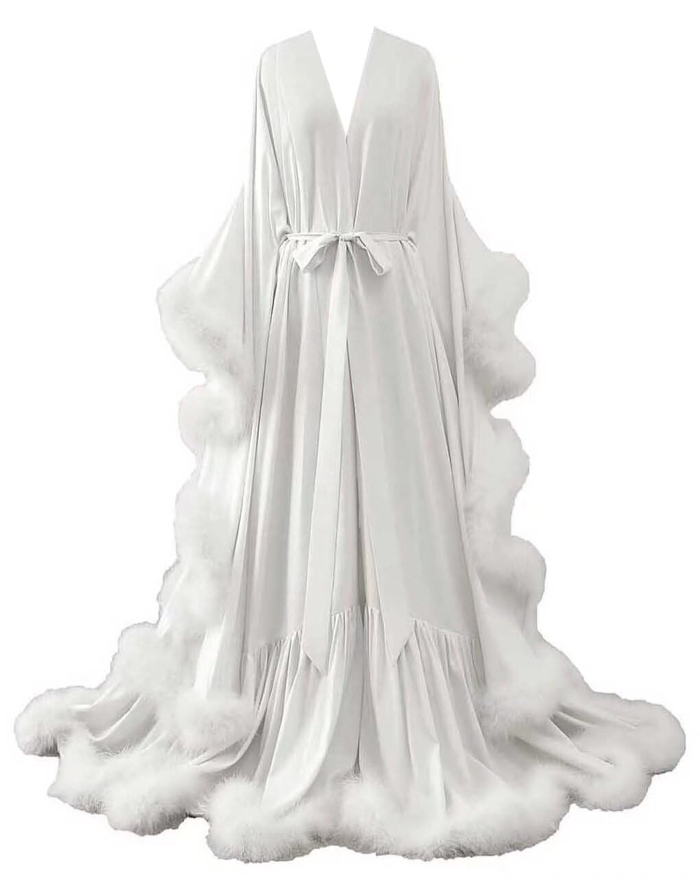 Women's Feather Bridal Robes Silk Satin Maternity Robes for Photoshoot Old Hollywood Long Nightgown Bathrobe Lingerie