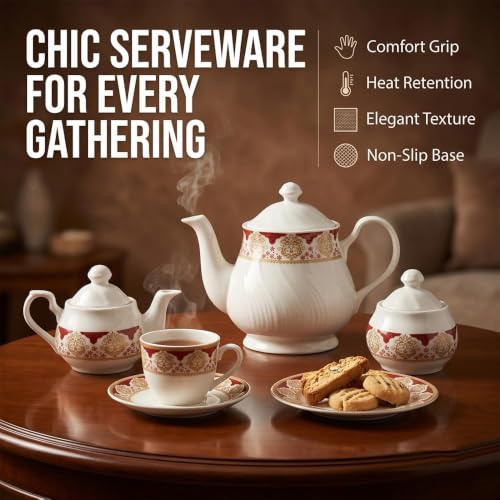 Image of U.P.C Ceramic Tea Set with Kettle, Tea Cups & Saucers, Premium Tea Pot Set for Tea & Coffee, Elegant Tea Serving Set for Home, Office, Parties & Housewarming Gift- (TS011)