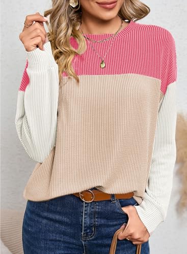 Image of Dokotoo Womens Tops Fashion 2026 Color Block Long Sleeve Shirts for Women Crewneck Knitted Casual Loose Blouses