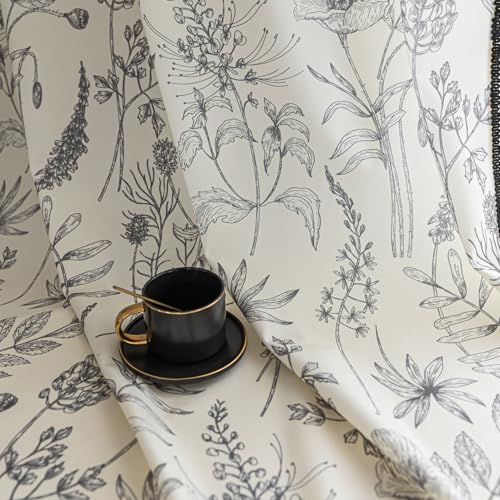 Image of Black Floral Curtains 84 Inches Long, Boho Farmhouse Light Filtering Rod Pocket Drapes with Tassel Trim for Bedroom Living Room, 2 Panels