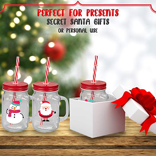 Invero® 3X Set of Christmas Design Drinking Glass Jar Mugs with Handle Screw Top Tin Lid and Straw - Image 4