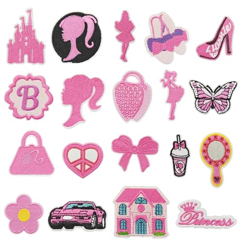 Attuslla 19 PCS Embroidered Patches Pink Iron on Patches Girl Sew on Applique Patch for Dress Jeans Pants Hats Repairing and Decorating