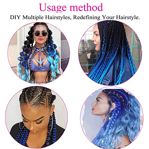 Ombre Kanekalon Braiding Hair Extensions High Temperature Synthetic Hair 3 Tone Color For Twist Braids Box Braids Crochet Hair (Black-Blue-Light Blue 24" 3Pcs) #TOP3