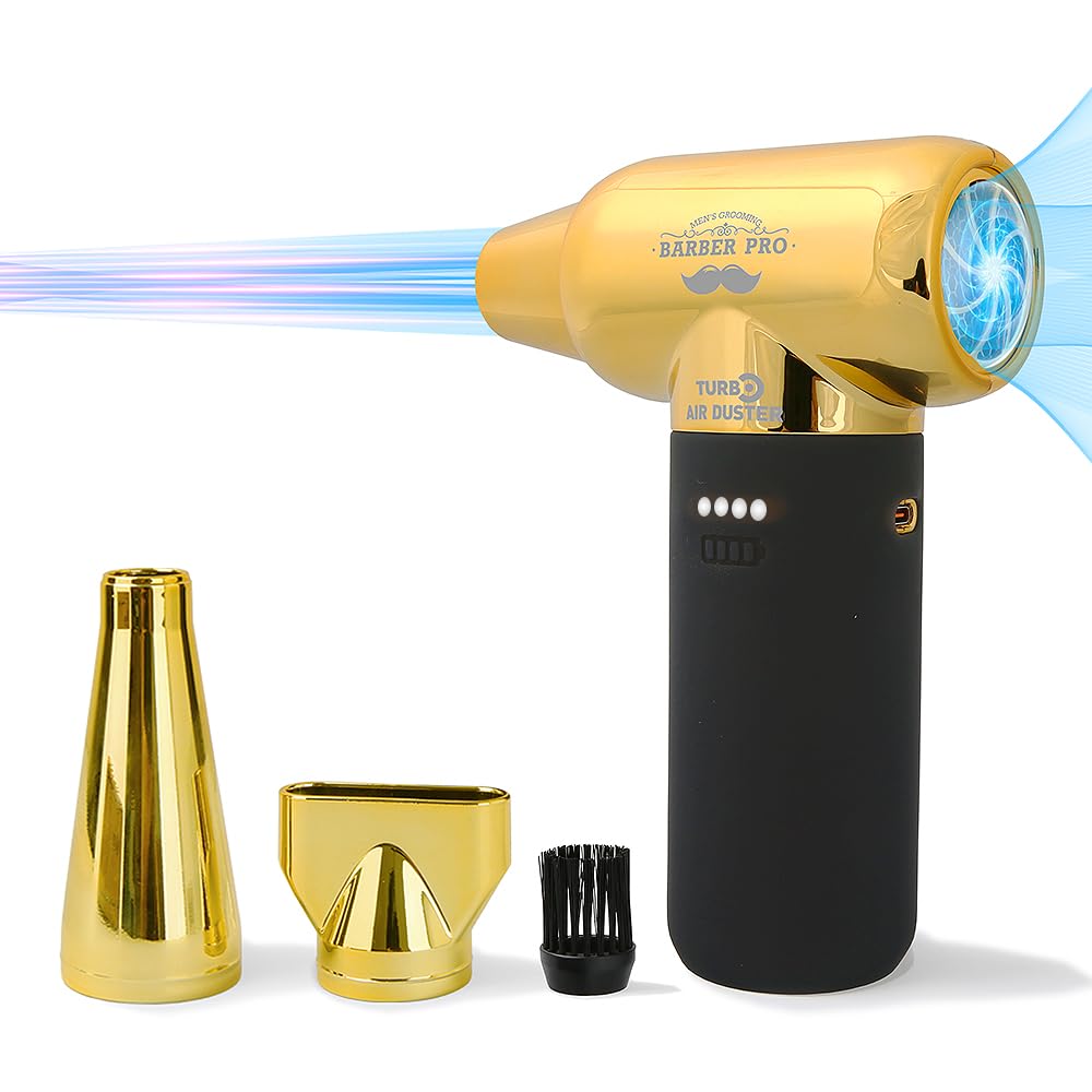 Compressed Air Duster - Electric Duster for Hair Barber, 3 Gear Mini Portable Jet Dry Air Blower, Cordless Vacuum Cleaner, for PC, Office,Salon, Fan, Laptop, Keyboard, Car -Black Gold