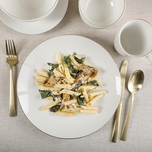 Image of Gibson Home Ogalla 30 Piece Plates, Bowls, & Mugs Dinnerware Set - Service for 6 - White Porcelain W /Gold Band