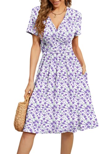 Image of WEACZZY Women's Summer Short Sleeve Casual Dresses V-Neck Floral Party Dress with Pockets