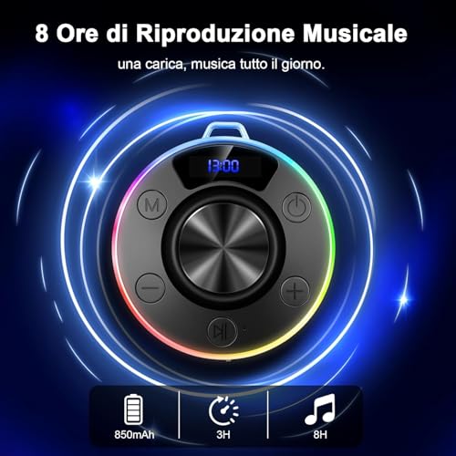 Image of Shower Bluetooth Speaker, IPX7 Waterproof Portable Bluetooth 5.4 Speakers with Suction Cup, Hook, Digital Time Display, RGB Light, Built-in Mic for Bathroom Party Beach Outdoor Gifts