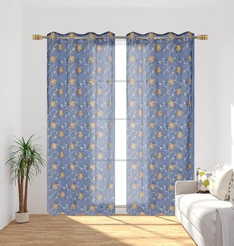 Image of Homefab India Embroidery Floral Net Transparent Sheer Curtain - 5X4 Feet, Window Curtains, Navy Blue, Pack of 1 Pc