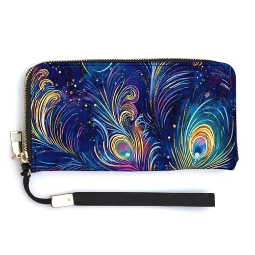 Mystical Peacock Feathers Clutch Wallet Wristlet Long Handbag PU Leather with Card Slots Cash Coin Pocket for Women Men