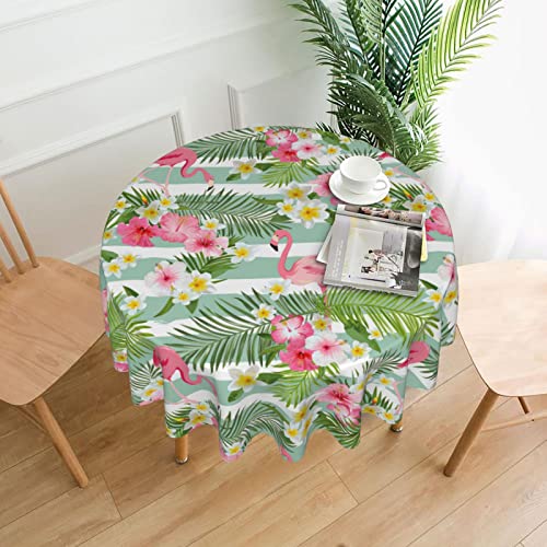 Flamingotablecloth Tropical Palm Leaves And Flowers Round Table Cloths Summer Turquoise White Stripes Circular Table Cover Washable Polyester Tabletop For Dining Kitchen Picnic Party Decor 60 Inch #TOP6