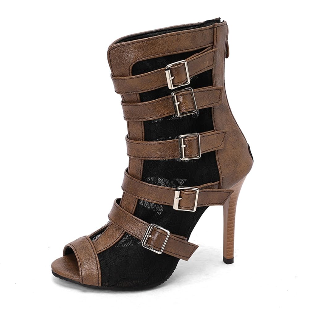 Women Peep Toe Booties Shoes PU Hollow Out Short Boots Summer Spring Stiletto High Heels Buckle Shoe Brown
