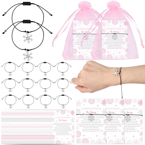 Diartpaint Snowflake Adjustable Bracelets Bulk Pink 50 Sets Winter Baby Shower Party Favors Girl with Message from the Bump Thank You Cards Organza Bags Snow Gender Reveal Party Decors