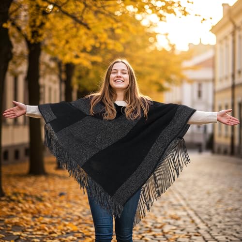 Women's Striped Poncho Tops with Fringe, Soft Knitted Shawl Wraps Elegant Sweater Open Front for Fall Winter4