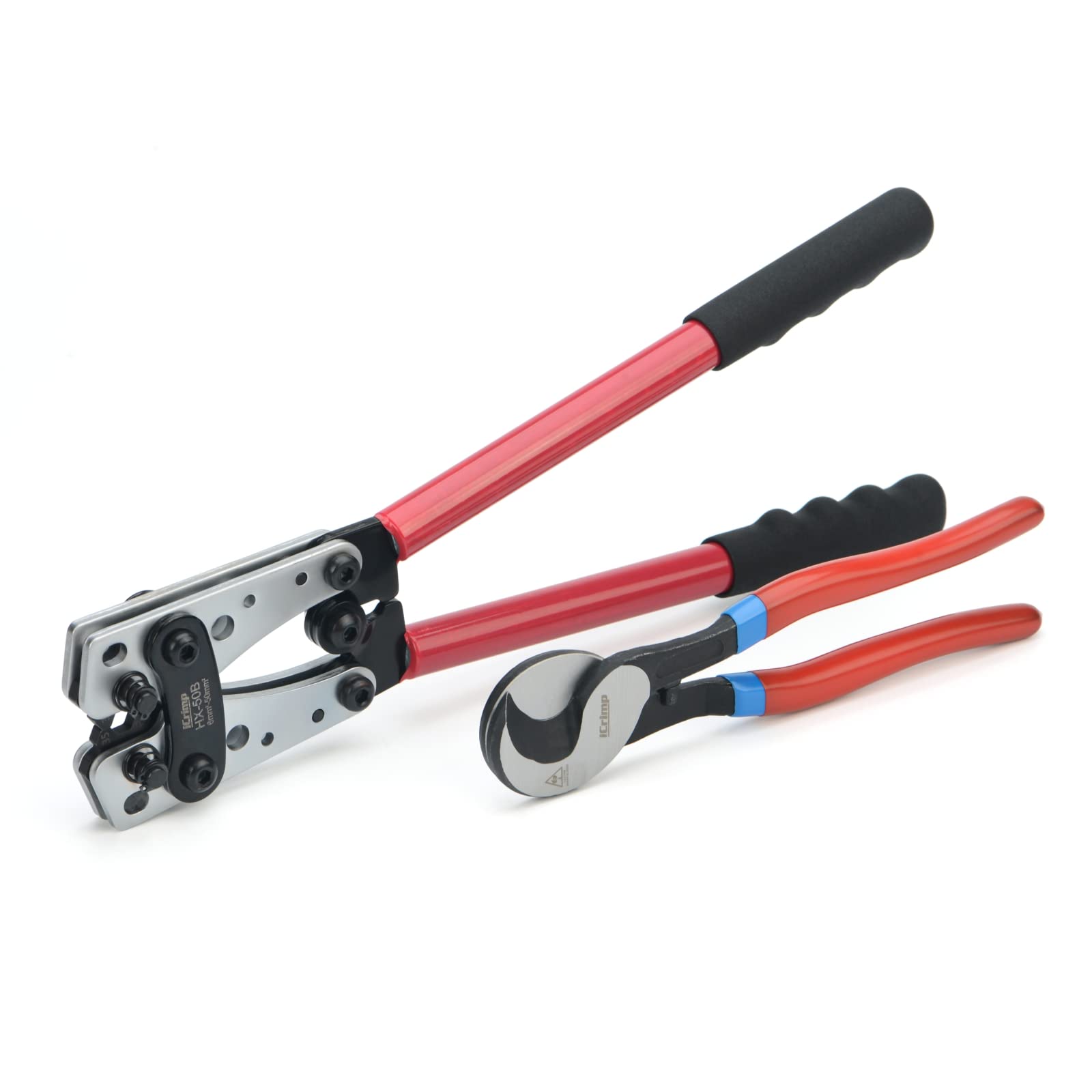 iCrimp Batteriekabelschuh Crimpzange, Kabelschuhzange für Robuste Kupferschuhe und Flachstecker, Erdungslug Krimpzange von 6-50 mm² mit Drahtschneider