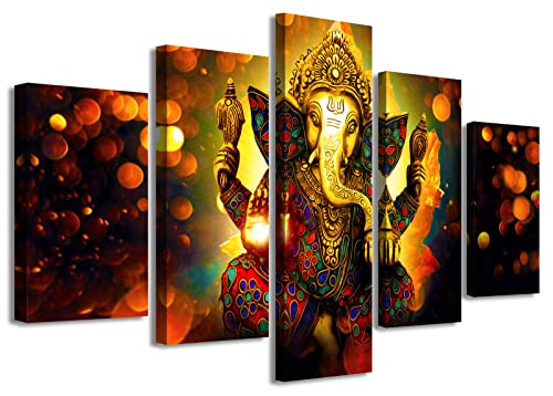 DJSYLIFE Extra Large Premium Quality Picture Canvas Wall Art - 5 Pieces Hindu God Ganesha Art Wall Home Decor HD Print Home Wall Hanging Art Prints Modular Pictures - Ready to Hang (60''W x 40''H) by DJSYLIFE - Used condition - US$49.72