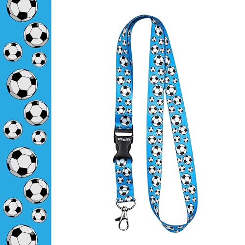 Image of ROLSELEY Lanyard neck strap with FOOTBALL - BLUE for id badge holder with metal clip