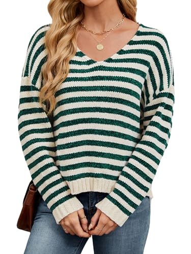 Image of V Neck Sweaters for Women Striped Oversized Pullover Sweaters Drop-Shoulder Side Slit Loose Knit Jumper Tops